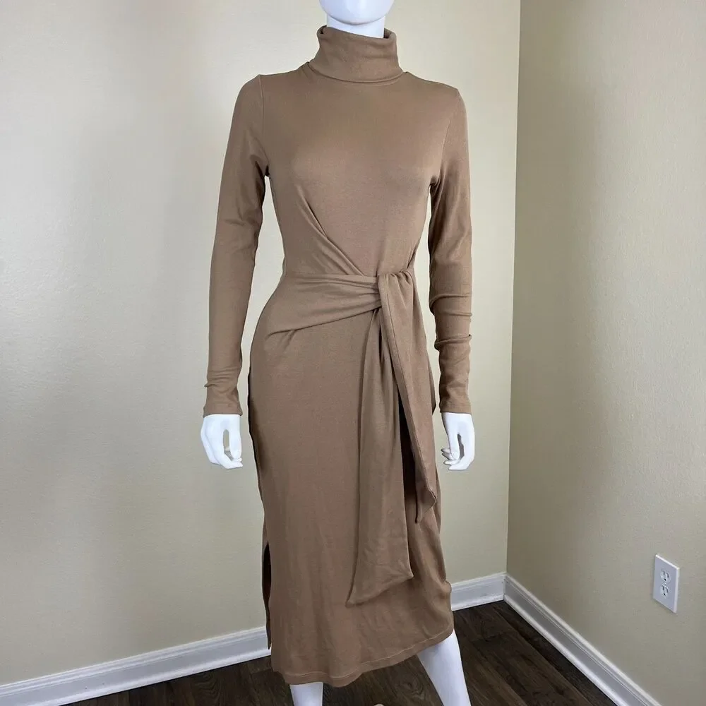Ralph Lauren Womens Size M Camel Tie Front Turtleneck Sweater Bodycon Midi Dress